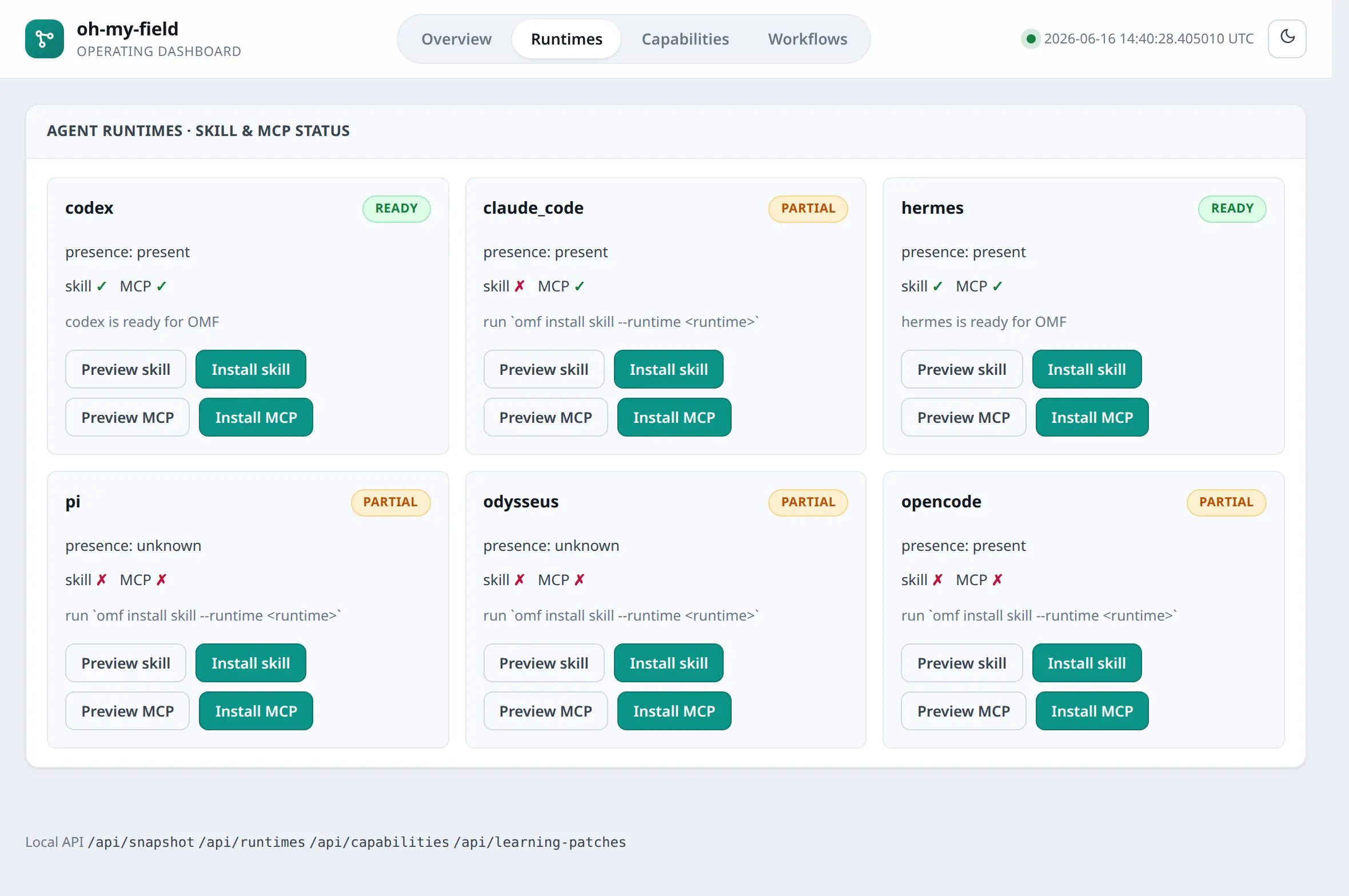 OMF dashboard Runtimes tab (light theme): skill and MCP adoption status for codex, claude_code, hermes, pi, odysseus, and opencode, each with preview and install actions.